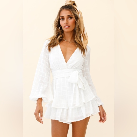 SELFIE LESLIE Maddox Square Pattern Fit and Flare Long Sleeve Romper in White - Picture 1 of 13